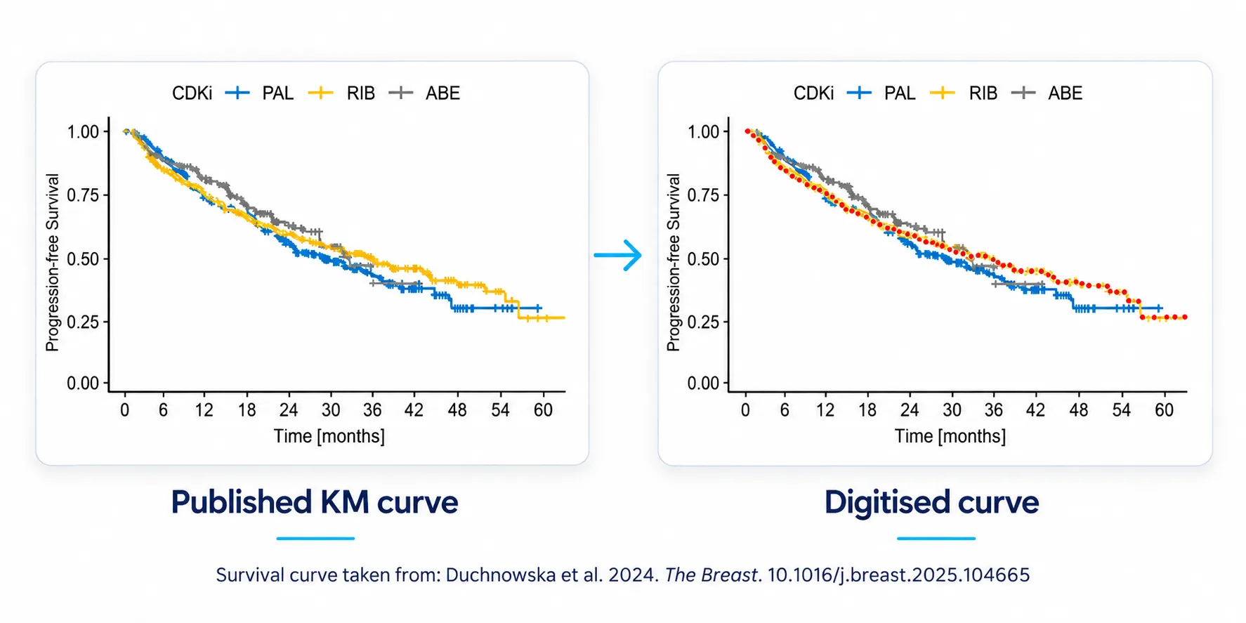 A published Kaplan–Meier survival curve and the corresponding digitised curve.